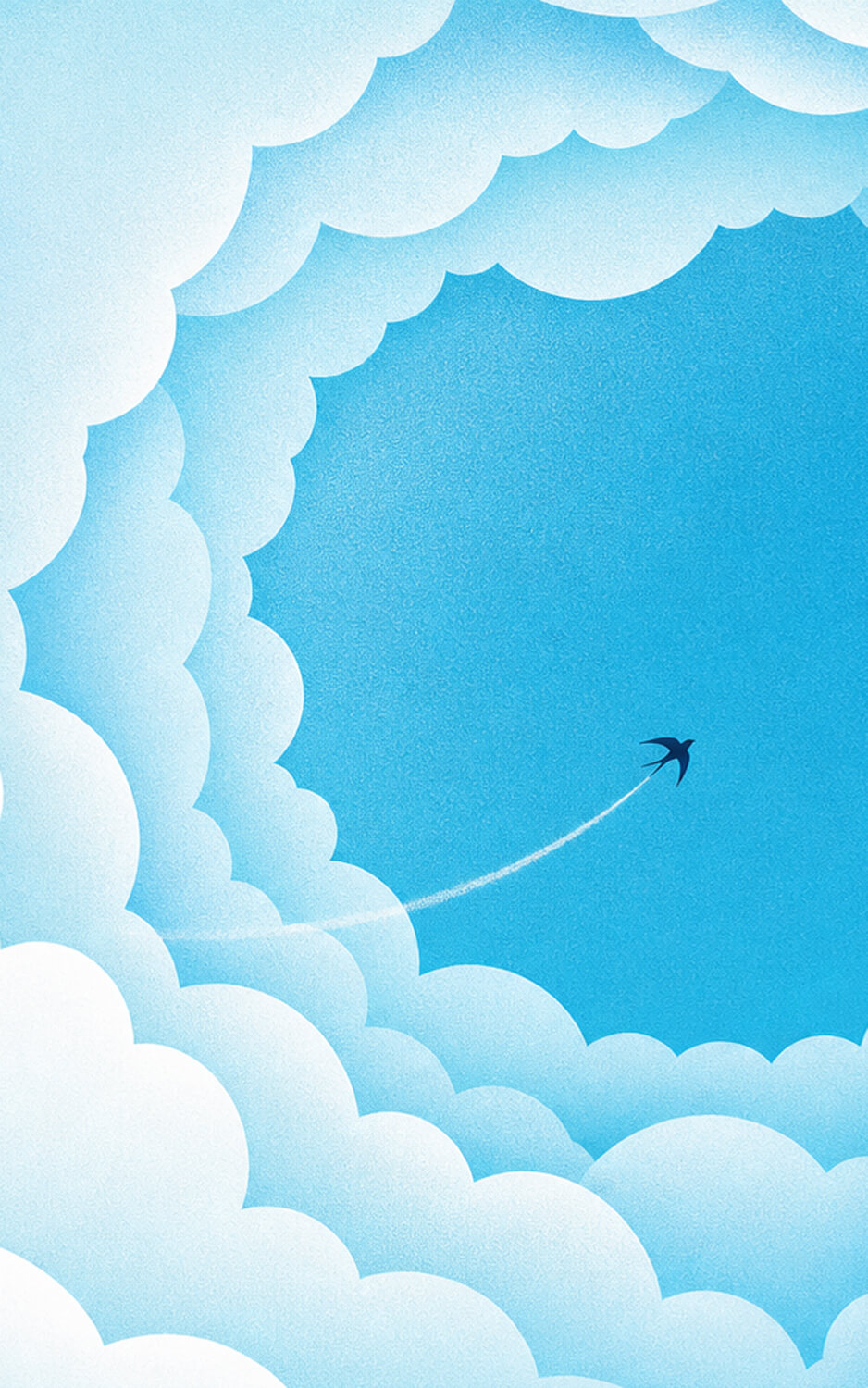 雲間の青空を、一羽の燕が上へ飛んでいくイラスト